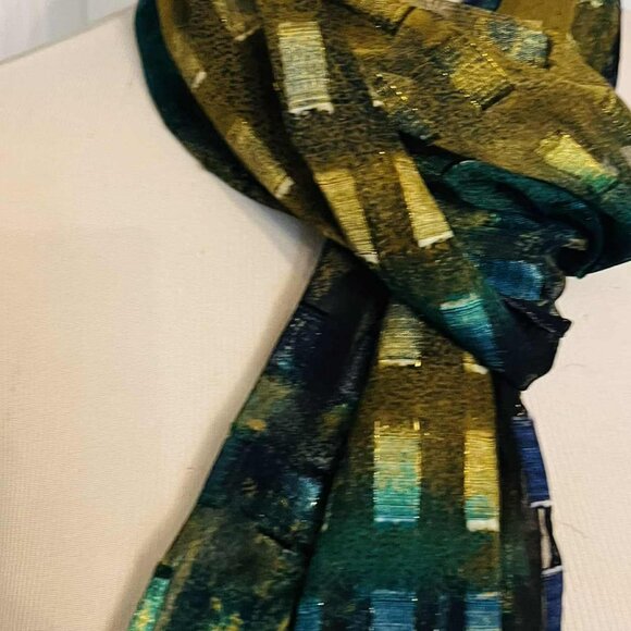 Vintage Modernist Geometric Scarf — Blue, Green & Gold Pattern - Picture 16 of 16